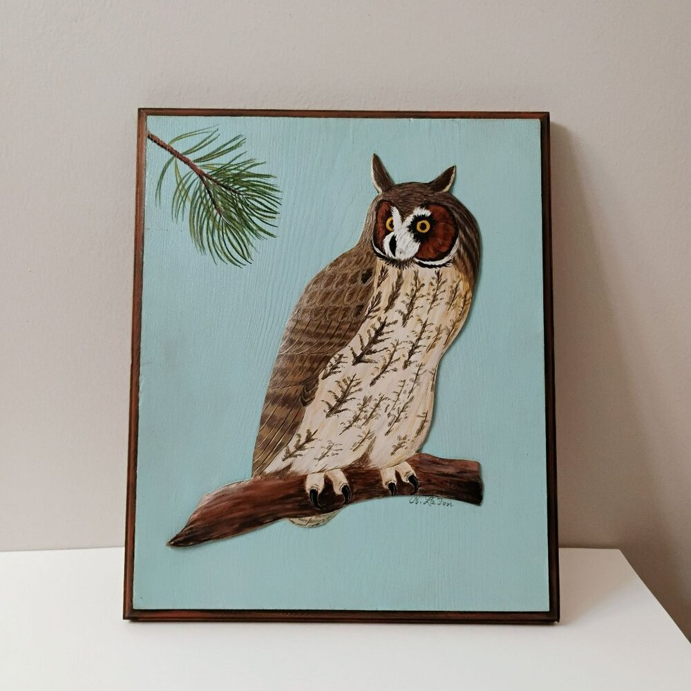 Hand-Painted 3D Wood Owl On Branch Wall Art, Signed R LaFon, Bird Pine Woodland